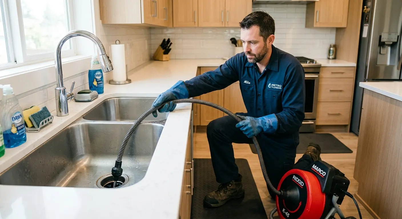 Drain cleaning technician using a motorized snake on a kitchen sink in Watertown